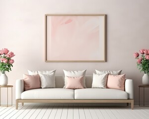 Stylish sofa setup with bold cushions and fresh flowers,