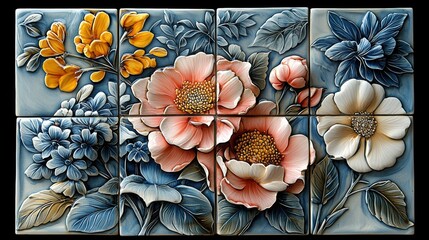 Detailed Floral Relief Art with Vibrant Colors and Textures