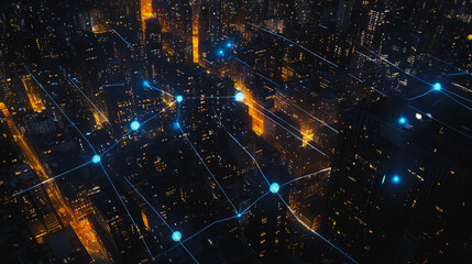 Fototapeta premium Smart digital city with connection cyber security network reciprocity over the twilight cityscape.future wireless digital city and social media networking systems that connects people within the city 