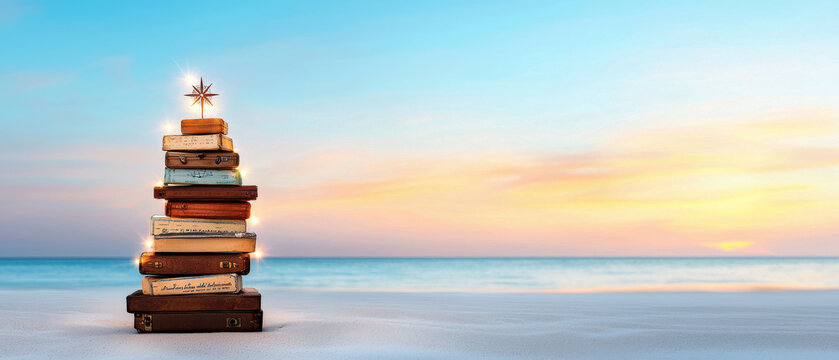 Christmas travel holiday theme, creative Christmas tree made of stacked books on beach at sunset