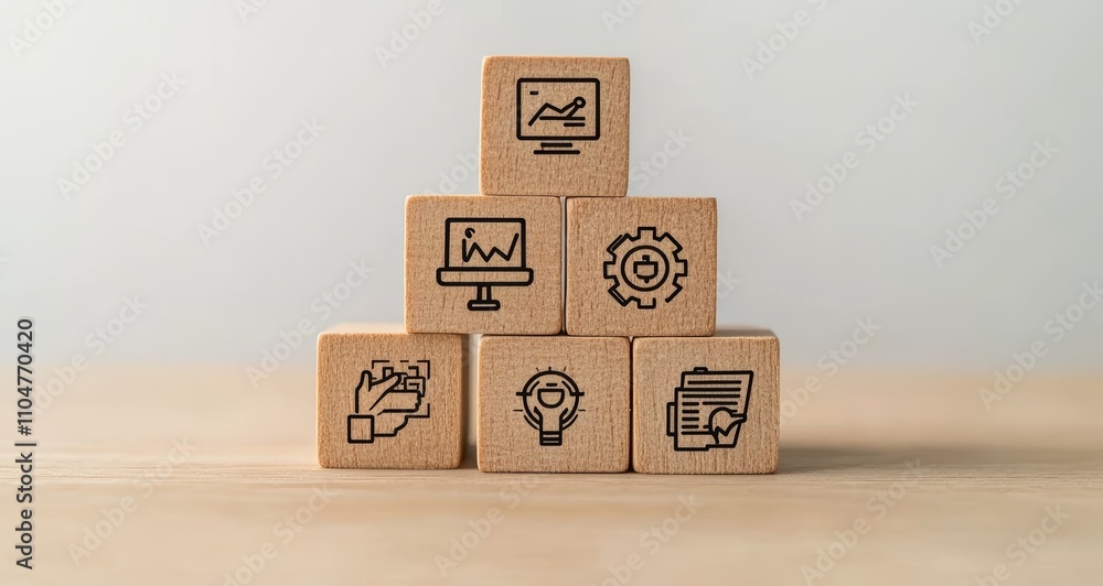 Aufkleber data analytics and technology integration with wooden blocks representing business tools and solutio