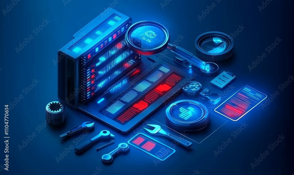 Poster high-tech server rack data management automation tools and maintenance services
