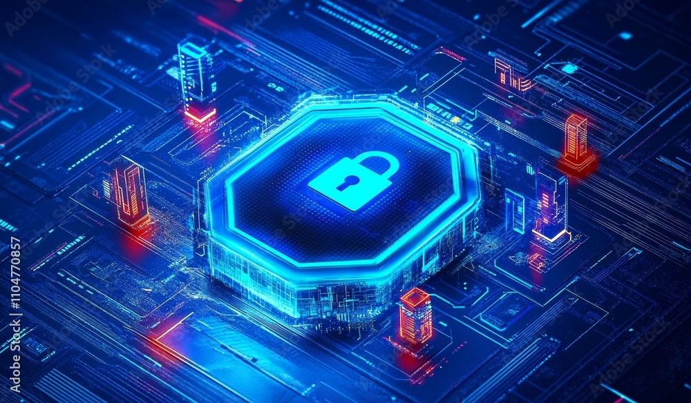 Poster futuristic security shield icon with lock for identity threat detection cloud management