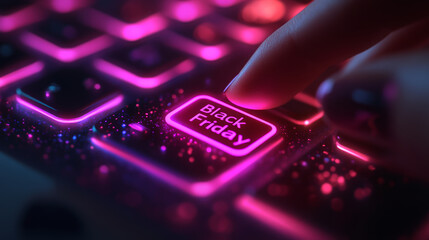 Black Friday button illuminated in neon lights, with finger poised to click, creating exciting shopping atmosphere