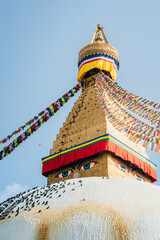Travel background close up of the Great Stupa in Kathmandu, Nepal