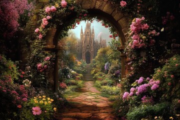 Obraz premium Magical Garden Pathway to Gothic Cathedral with Colorful Flowers and Lush Greenery