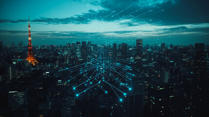 Obraz premium Smart digital city with connection cyber security network reciprocity over the twilight cityscape.future wireless digital city and social media networking systems that connects people within the city 