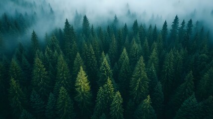 Misty Evergreen Forest Aerial View