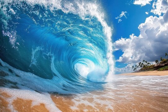 A stunning blue wave gracefully sweeps across the sands of beach