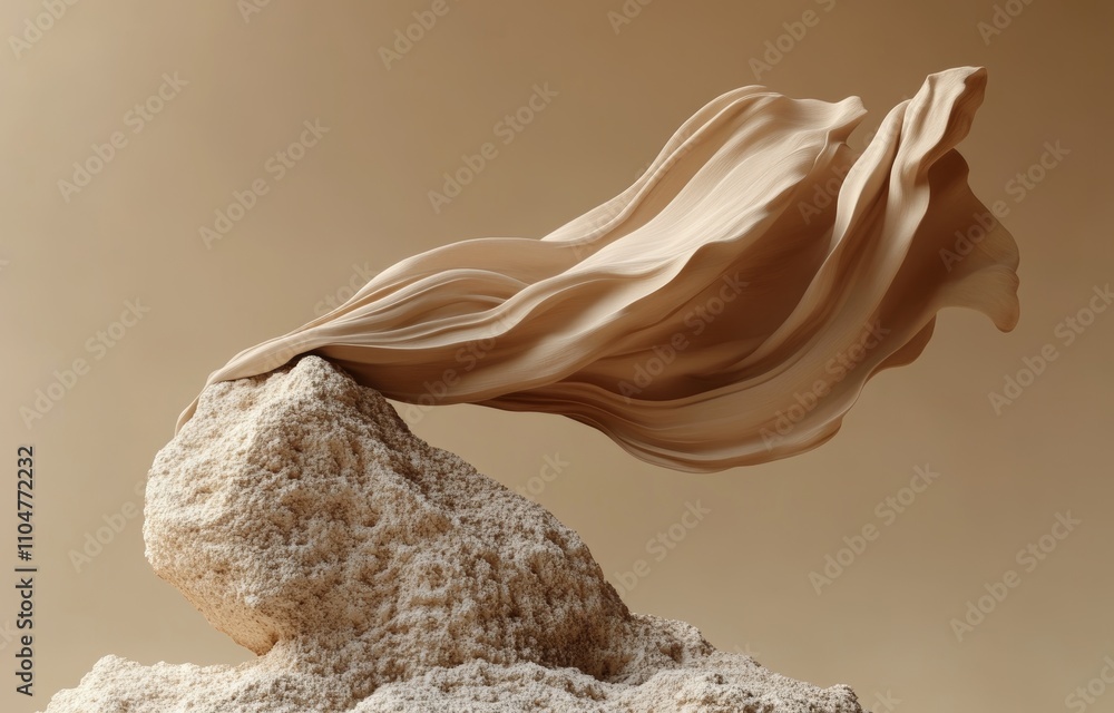 Poster beige minimalist display with rock and flowing fabric for cosmetic products presentation