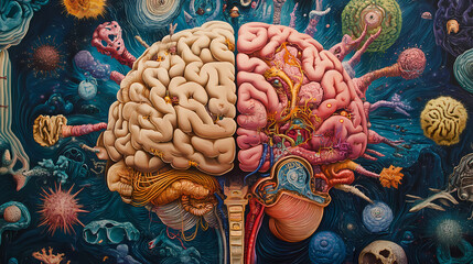 Vibrant, detailed illustration of the human brain with labeled sections and structures, including cerebral hemispheres,. Temporal. Illustration