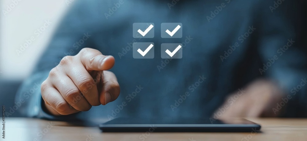 Poster businessman approving document with touch screen and check marks for quality assurance