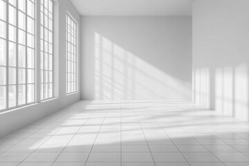 Elegant studio decor in a bright space showcasing unadorned walls and tiled flooring for product displays with a sleek aesthetic