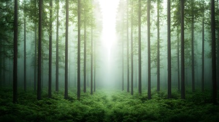 Fototapeta premium Misty Forest Path Sunlight