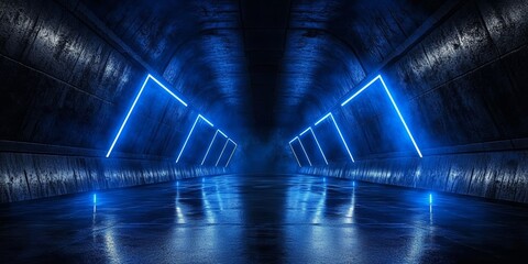 Futuristic Underground Tunnel with Blue Lightning Lights Dramatic Sci-Fi Atmosphere Grunge Concrete...