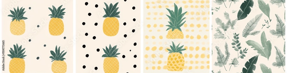 Poster tropical fruit and botanical patterns on cream background with checkered and abstract elements