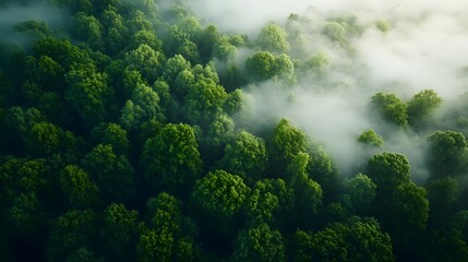 Misty Green Forest Aerial View