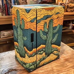 Hand-Painted Wooden Box with Desert Landscape and Cactus Design.
