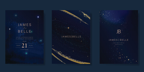 Luxury invitation card design vector set. Elegant wedding card with little star moon sun meteor and space decorative on navy blue background. Design illustration for cover, poster, gala.