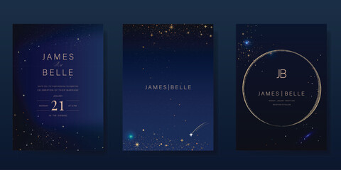 Luxury invitation card design vector set. Elegant wedding card with little star moon sun meteor and space decorative on navy blue background. Design illustration for cover, poster, gala.