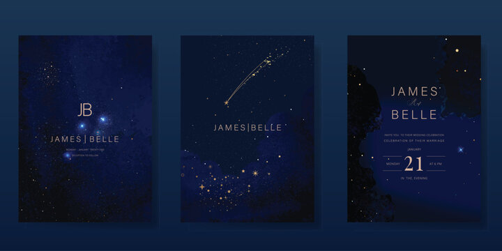 Luxury invitation card design vector set. Elegant wedding card with little star moon sun meteor and space decorative on navy blue background. Design illustration for cover, poster, gala.