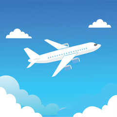 airplane flies in the sky and cloud on blue background