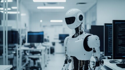 A robotic artificial intelligence laboratory, cutting-edge AI research facility with robotic AI developers and neural network servers, AI Robotics style