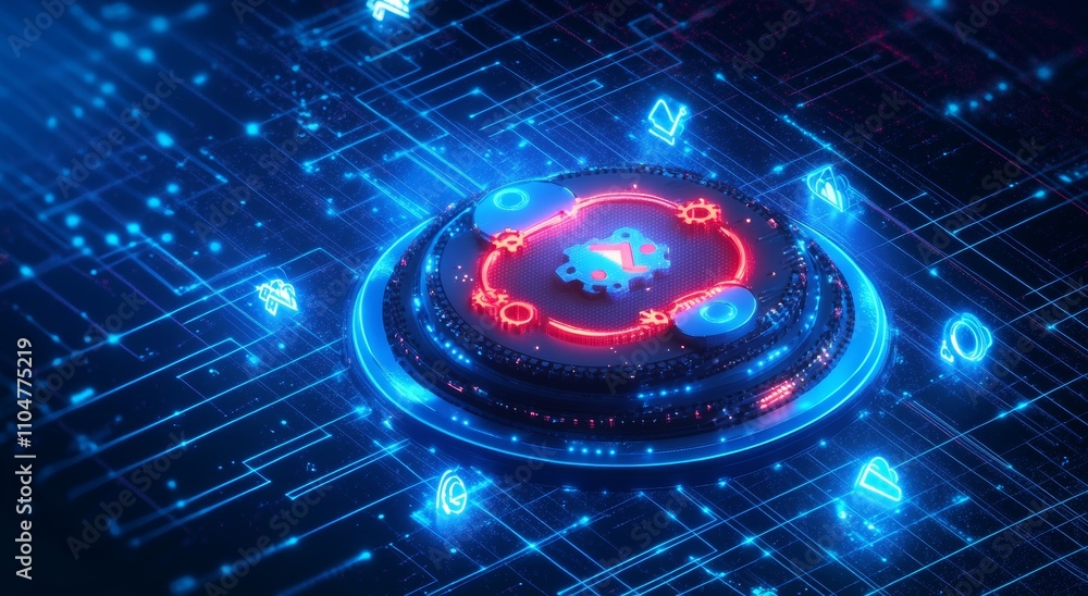 Poster futuristic cloud integration technology with glowing gears and symbols for ipaas development and man