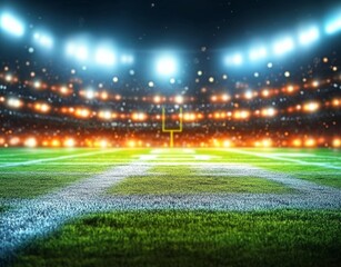 Brightly Lit American Football Stadium at Night with Vibrant Field and Blurred Stands