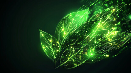 glowing green energy symbol made of leaves and electronic circuits, representing sustainable technology and innovation. vibrant design conveys sense of eco friendly progress