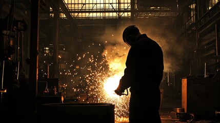 Fototapeta premium Silhouette of Welder Against Bright Sparks in a Dark Workshop