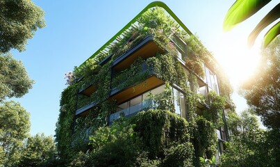 Fototapeta premium Modern Future House with Vertical Gardens and Solar Panels Under Daylight