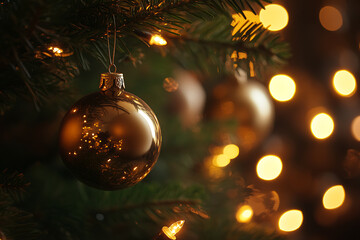 Shiny golden Christmas baubles with festive decorations and soft bokeh lights in the background
