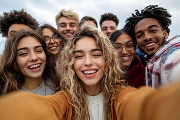 Obraz premium Diverse young adults taking group selfie outdoors smiling together in casual clothing