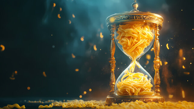 Ornate hourglass filled with pasta, magical time measurement device with ethereal glow, symbolic artistic representation of temporal beauty. Temporal. Illustration