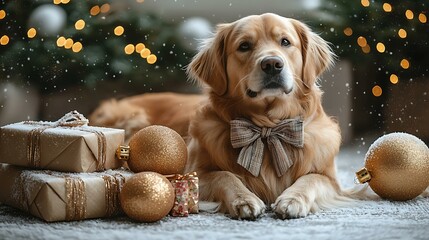 A wintery outdoor shot of a dog with a bow around its neck and a pile of gifts