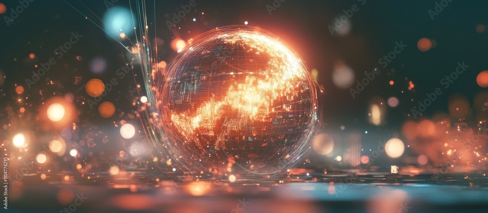 Poster fiery globe with glowing particles and bokeh.