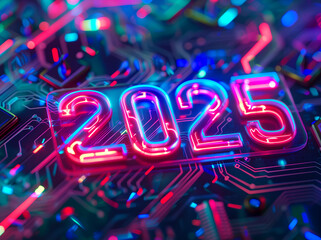 New Year 2025 with glowing neon lights on digital AI board symbolizing technological advances in artificial intelligence of the future.
