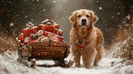 A golden retriever standing next to a sled filled with holiday gifts in the snow