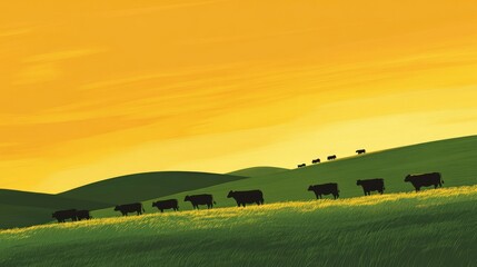 A serene landscape featuring silhouetted cows against a vibrant sunset.