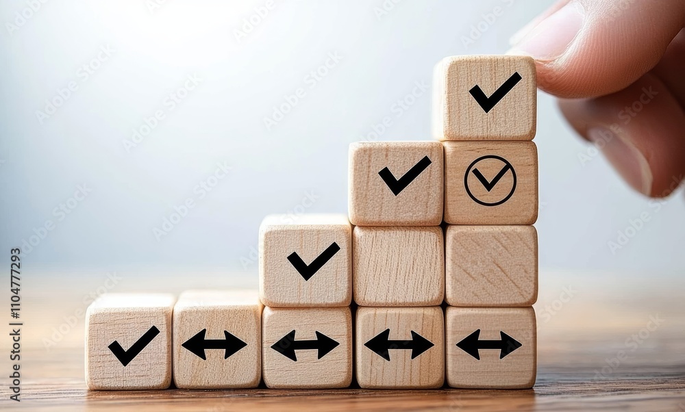 Poster quality assurance wooden cube symbol for performance evaluation and client satisfaction in business 