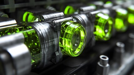 Close-up of futuristic engine components with glowing green cylinders and metallic parts.