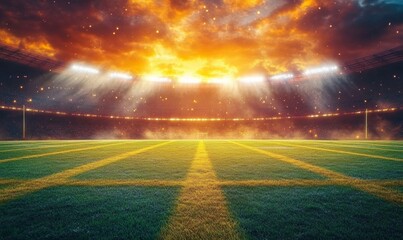 Illuminated Football Stadium at Sunset Empty Field with Dramatic Clouds and Light Rays
