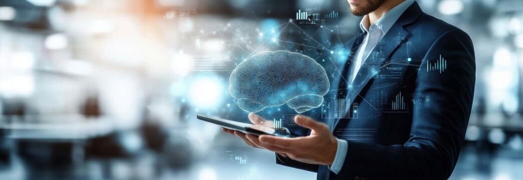 Artificial Intelligence Chatbot Businessman Using Technology for Innovation and Communication with 3D Brain Scan Display