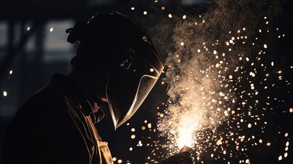 Obraz premium Silhouette of Welder Against Bright Sparks in Industrial Space