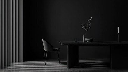 Minimalistic dining area in black tones with modern furniture and soft lighting. Studio interior photography.