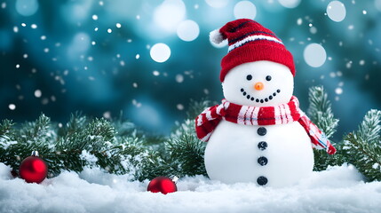 Winter holiday banner background. View of snowman in red hat and scarf on snowy landscape with bokeh lights, with copy space. Merry Christmas and Happy New Year greeting card.