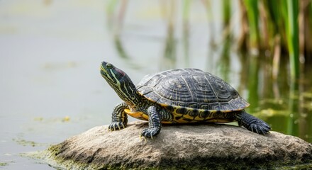 Red-eared Slider Turtle Basking on Rock