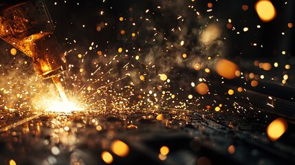Naklejka premium Sparks Exploding from Welder’s Torch in Dark, Gritty Workshop