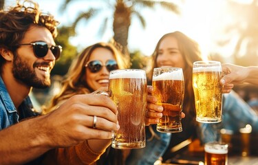 Young Diverse Friends Cheering Beer Glasses in Sunlit Outdoor Garden Party at Brewery Pub
